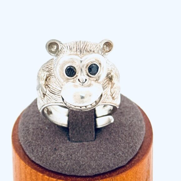 Designer Other - Estate Sterling Silver 925 3D Monkey Ring Black Onyx Eyes Adjustable Size 10